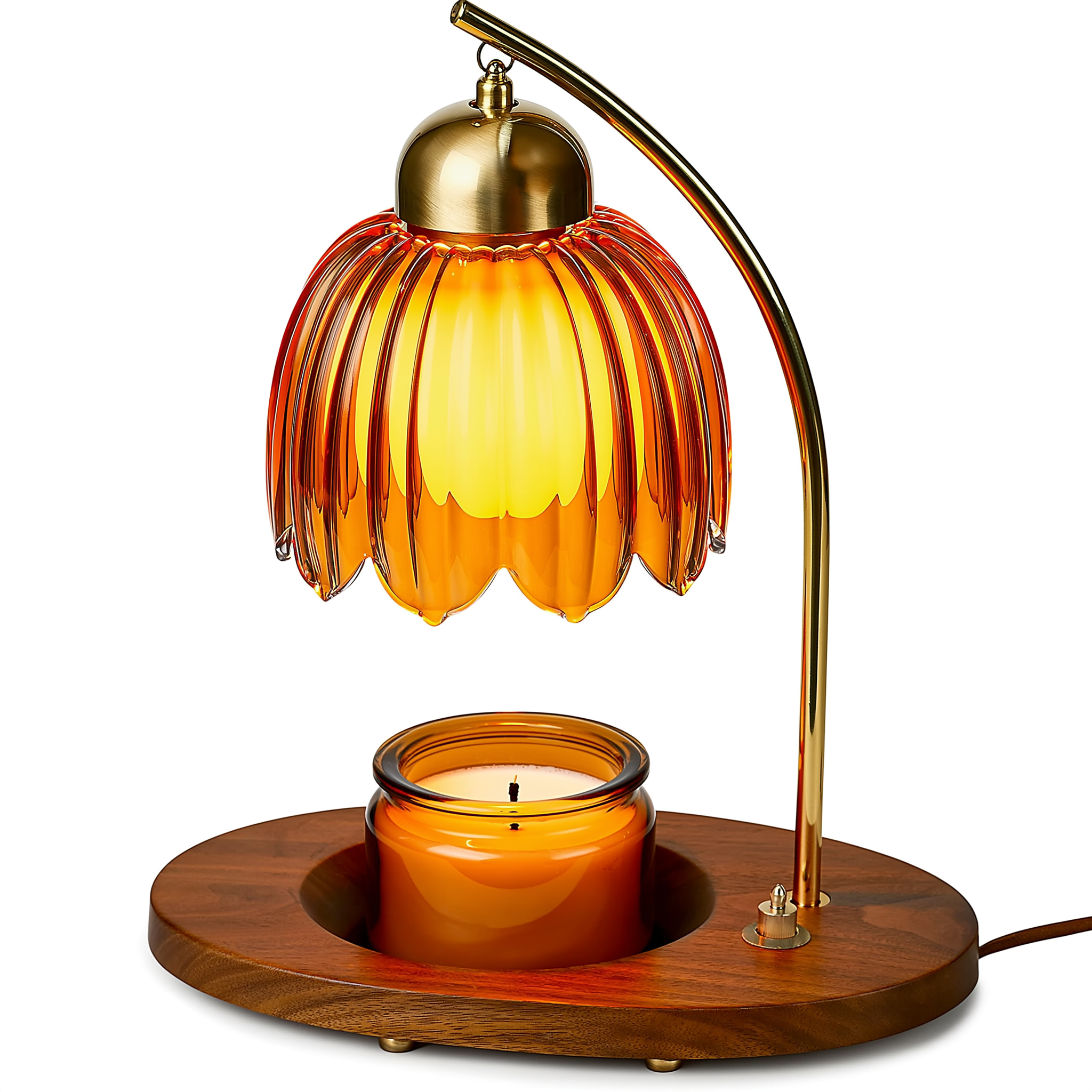 Close-up of the brass gooseneck arm and walnut base of the Ember & Co warmer lamp