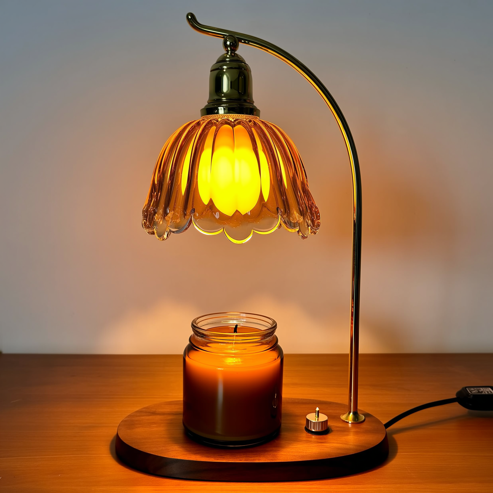 Glass candle warmer lamp lighting a cozy living room with soft ambient glow