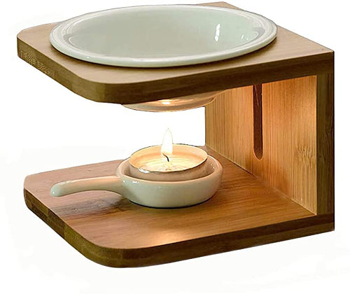 Ember & Co bamboo and ceramic oil burner with lit tea light