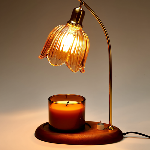 Ember & Co glass wax warmer lamp glowing warm amber on a bedside table after dark