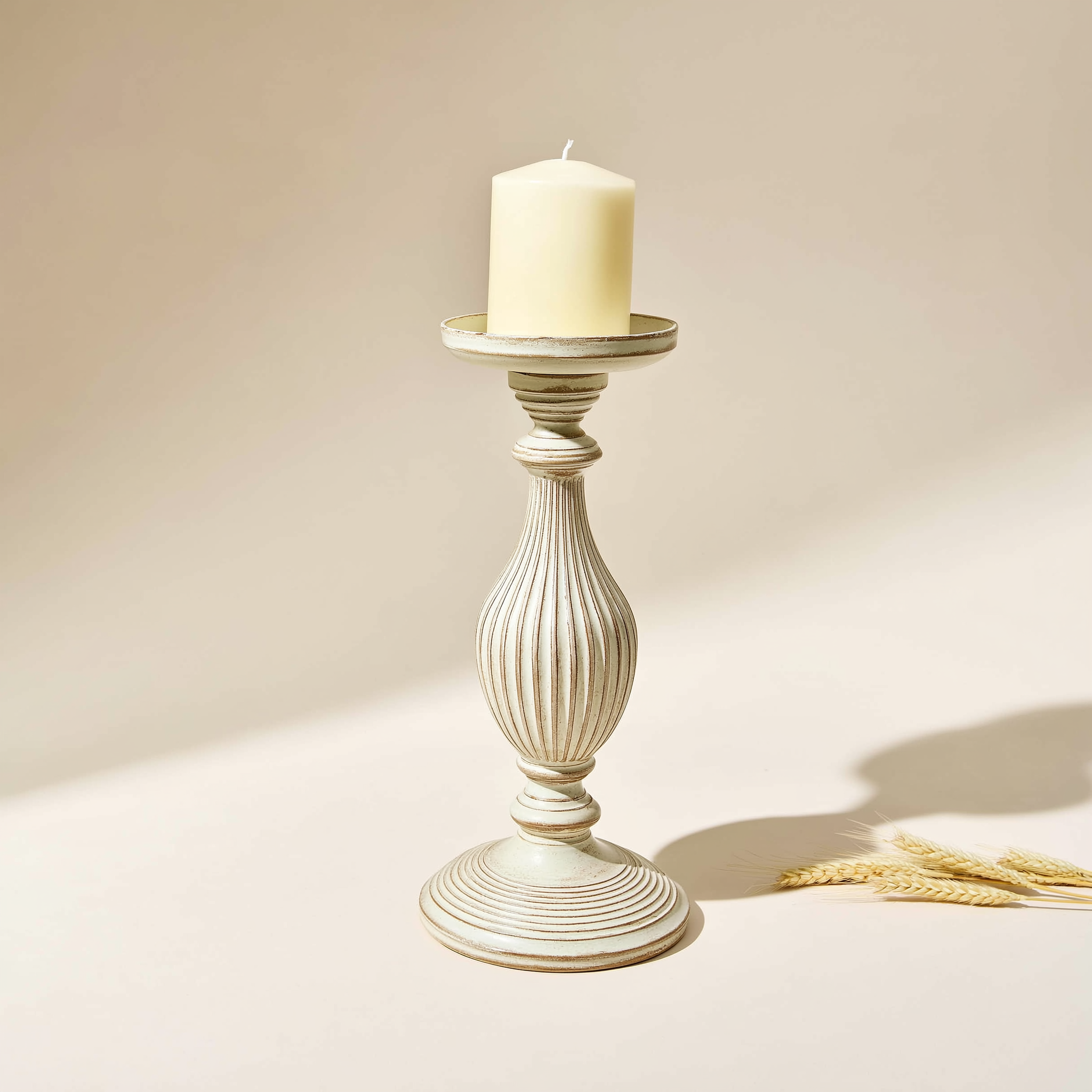Ember & Co Vintage Pillar Candle Holder — distressed cream fluted column