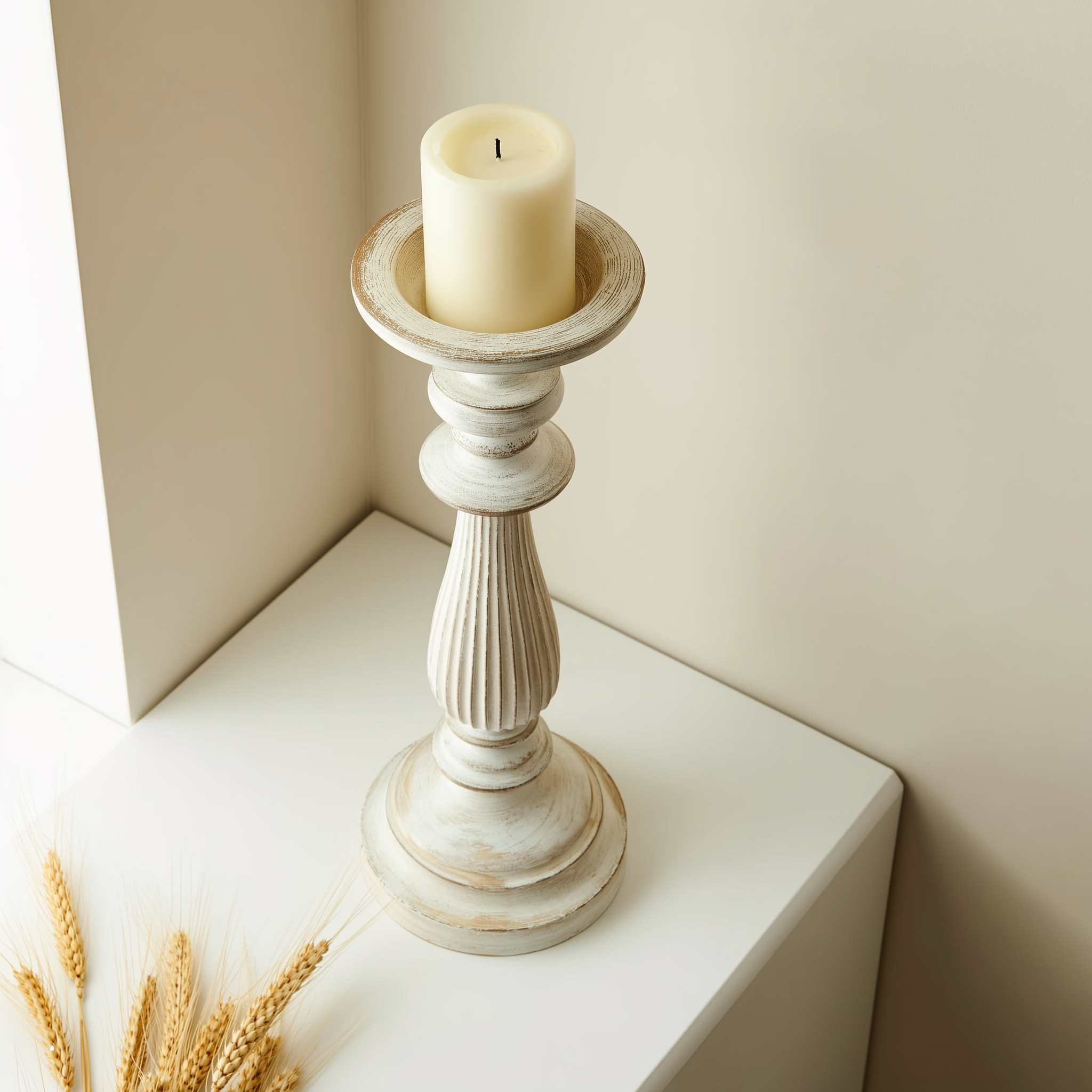 Ember & Co Vintage Pillar Candle Holder on white shelf with dried wheat styling