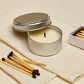 Ember & Co Travel Candle with Matches — soy candle in silver tin with loose wooden matches