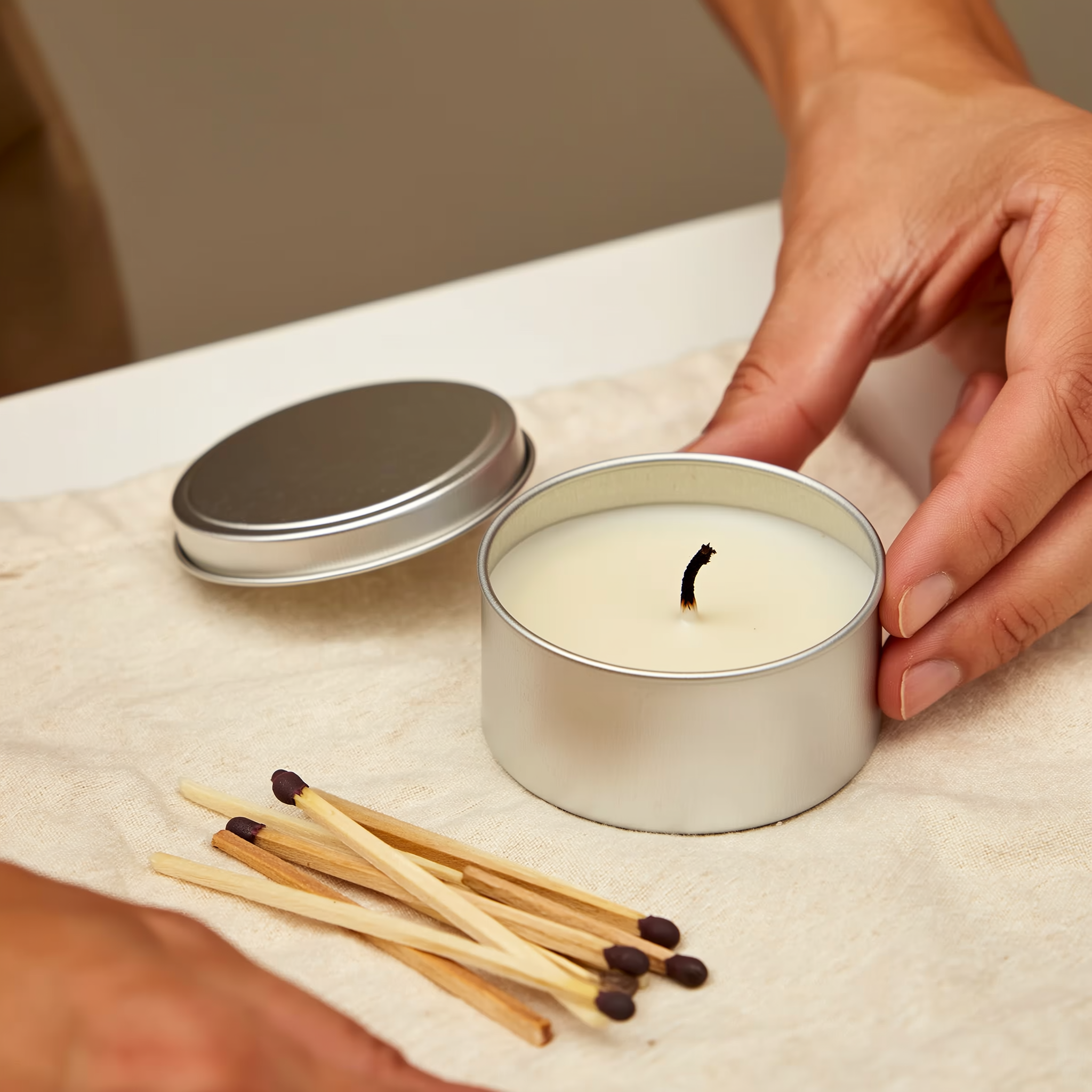 Ember & Co Travel Candle held by hand on linen surface with wooden matches